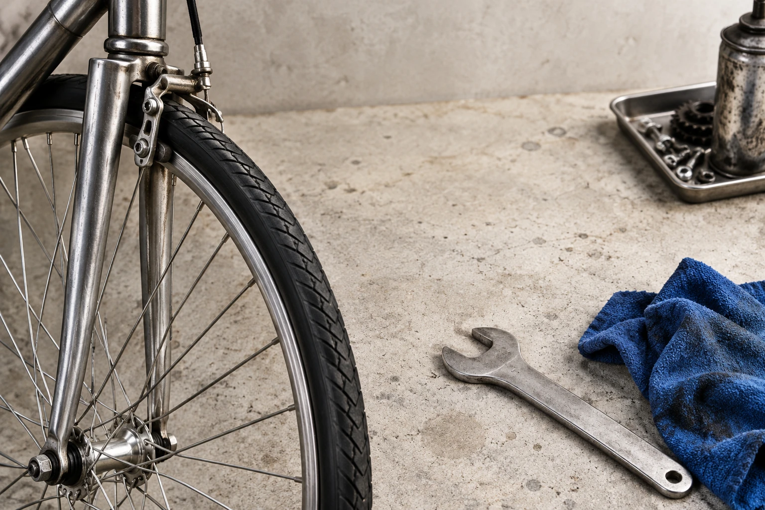 Illustrative bicycle wheel, silver spanner, blue shop cloth and concrete bench; not an exact Bill’s product or repair result.